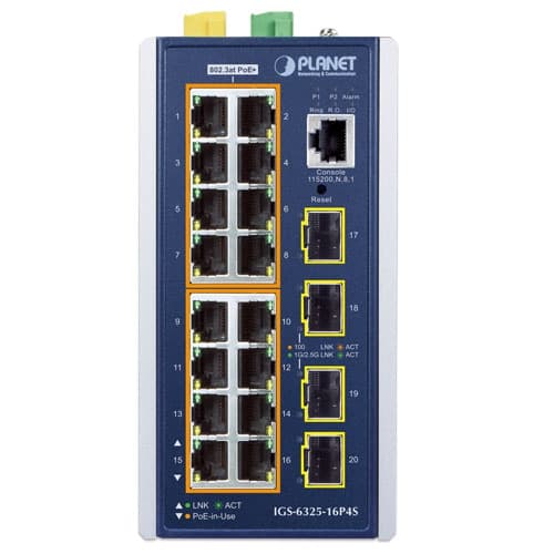 IGS-6325-16P4S — Industrial L3 16-Port 10/100/1000T 802.3at PoE + 4-Port 1G/2.5G SFP Managed Ethernet Switch, vista 2