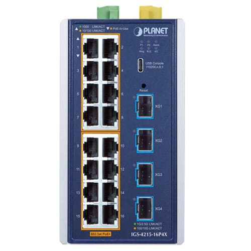 IGS-4215-16P4X — Industrial L2+ 16-Port 10/100/1000T 802.3at PoE + 4-Port 10G SFP+ Managed Ethernet Switch, vista 2