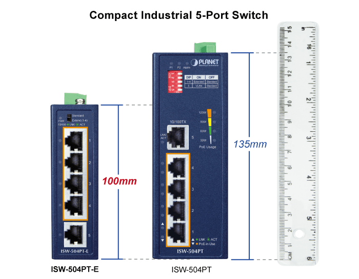 ISW-504PT-E — Compact Industrial 4-Port 10/100TX 802.3at PoE + 1-Port 10/100TX Ethernet Switch, vista 5
