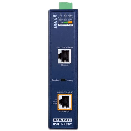 IPOE-171-60W — Industrial Single-Port Multi-Gigabit 802.3bt PoE++ Injector (60 Watts, -40~75 degrees C, 48~54VDC), vista 2
