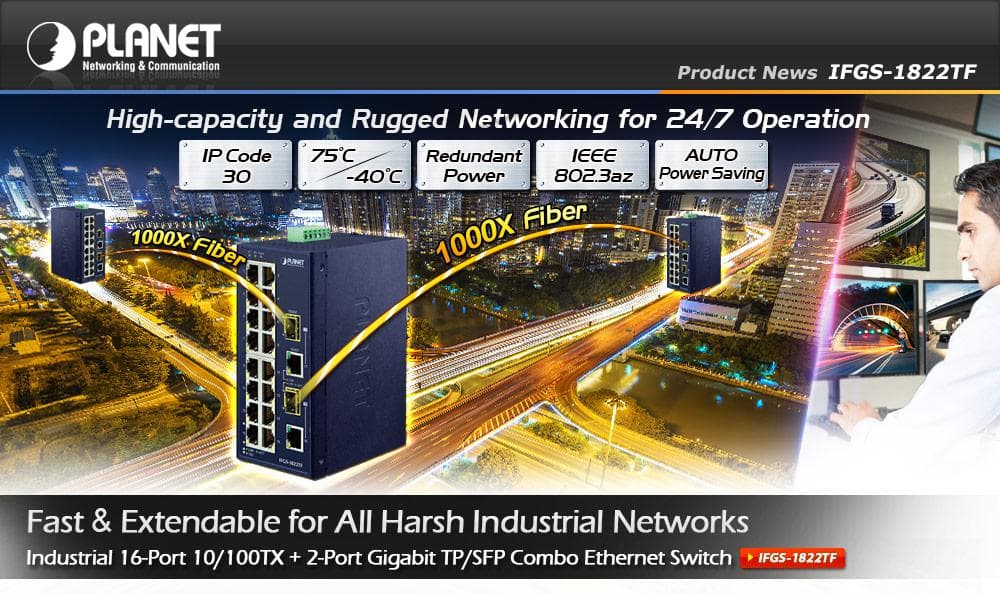 IFGS-1822TF — Industrial 16-Port 10/100TX + 2-Port Gigabit TP/SFP Combo Ethernet Switch, vista 4