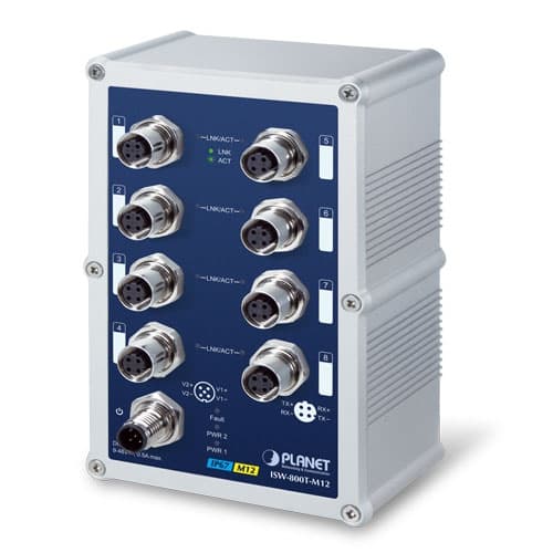 ISW-800T-M12 — Industrial IP67 Rated 8-Port 10/100Mbps M12 Fast Ethernet Switch with Wide Operating Temperature