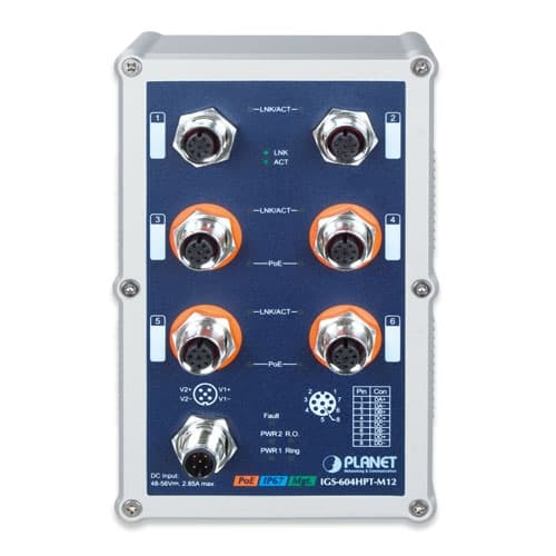 IGS-604HPT-M12 — Industrial IP67 Rated 4-Port 10/100/1000T 802.3at PoE + 2-Port 10/100/1000T Managed Ethernet Switch, vista 2