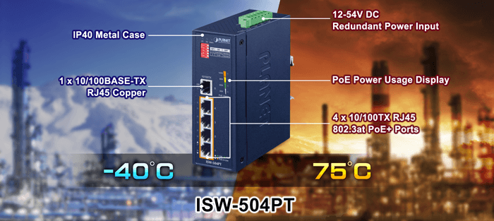 ISW-504PT — Industrial 5-Port 10/100TX Ethernet Switch with 4-Port 802.3at PoE+, vista 4