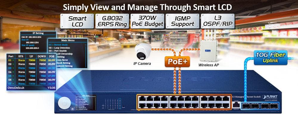 GS-6311-24P4XV — L3 24-Port 10/100/1000T 802.3at PoE + 4-Port 10G SFP+ Managed Ethernet Switch with Smart LCD Screen, vista 4