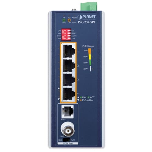 IVC-234GPT — Industrial 4-Port 10/100/1000T 802.3at PoE+ to VDSL2 Extender, vista 2