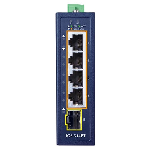 IGS-514PT — Compact Industrial 4-Port 10/100/1000T 802.3at PoE + 1-Port 100/1000X SFP Ethernet Switch, vista 2