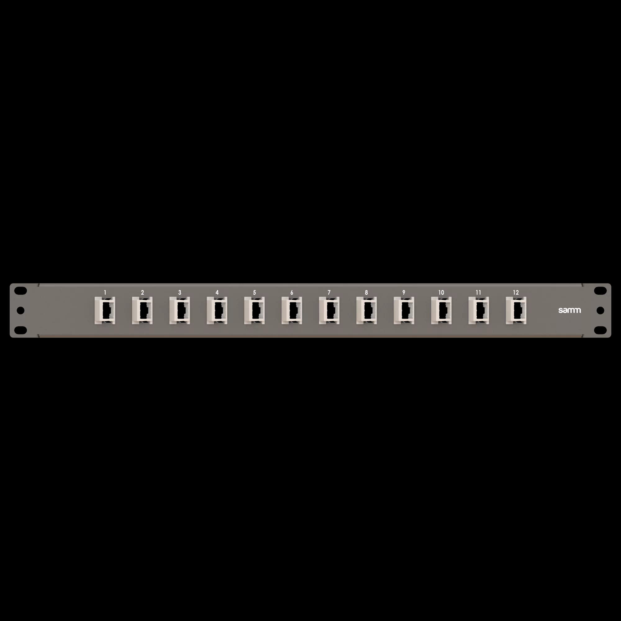 19” 1U, FP6 12 Angled Simplex, Front Panel Frame for Fiber Adapters, Empty, Black, vista 2