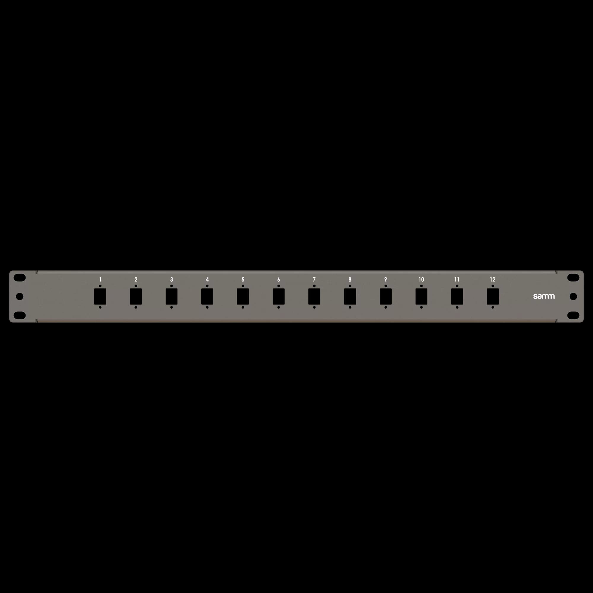 19” 1U, FP2 12 Simplex, Front Panel Frame for Fiber Adapters, Empty, Black, vista 2