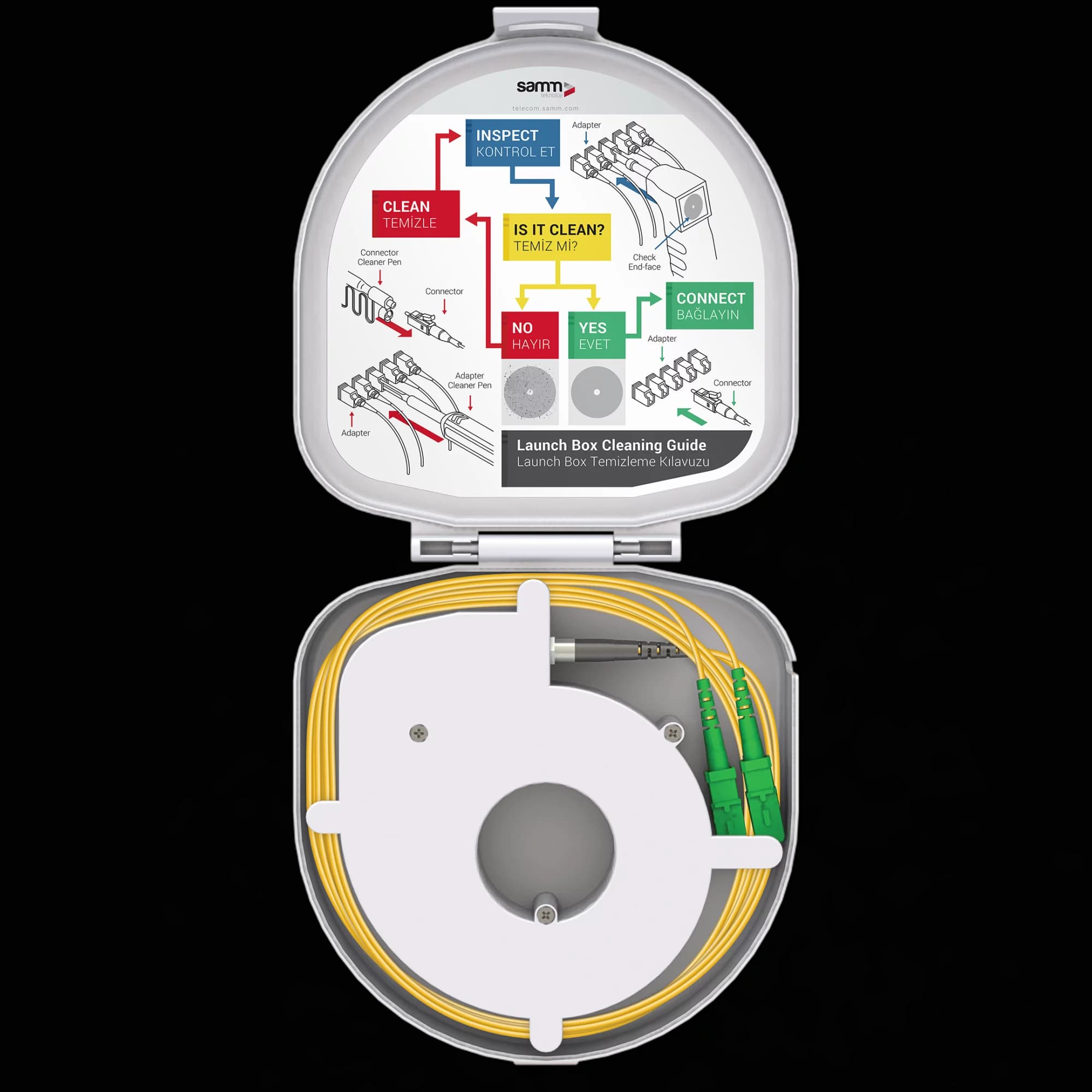 Through Type Fiber Optic OTDR Launch Box | Single Mode G657.A2 | SC APC/SC APC | 150 meters, vista 3