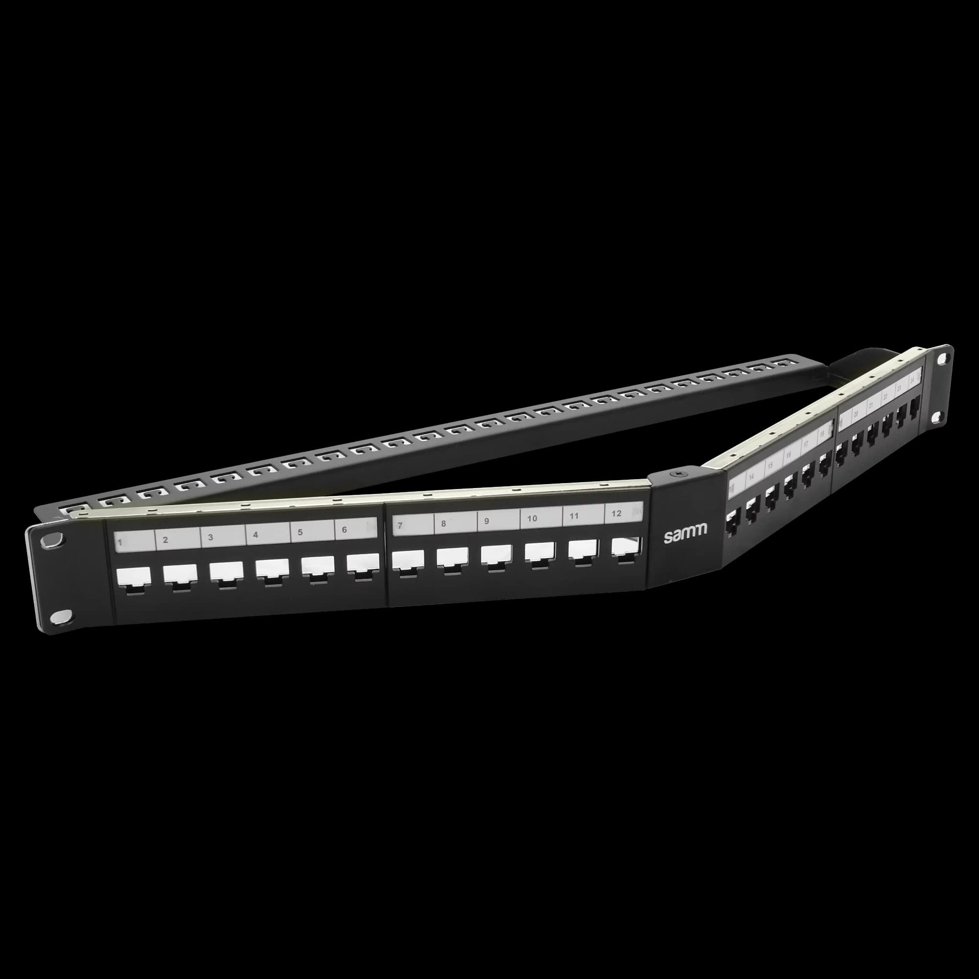 Empty Modular Angled Patch Panel | 1U CAT-6A | 24 Ports, vista 3