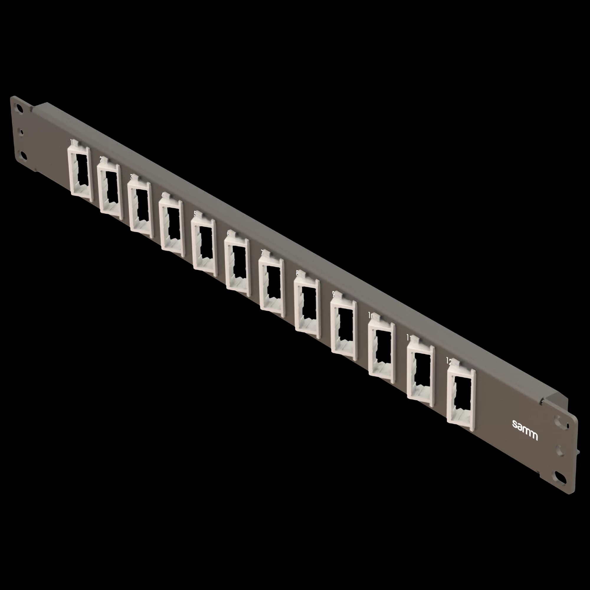 19” 1U, FP7 12 Angled Duplex , Front Panel Frame for Fiber Adapters, Empty, Black