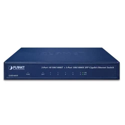 PLANET | GSD-603F – 5-Port 10/100/1000T +1-Port 1000X SFP Gigabit Ethernet Switch