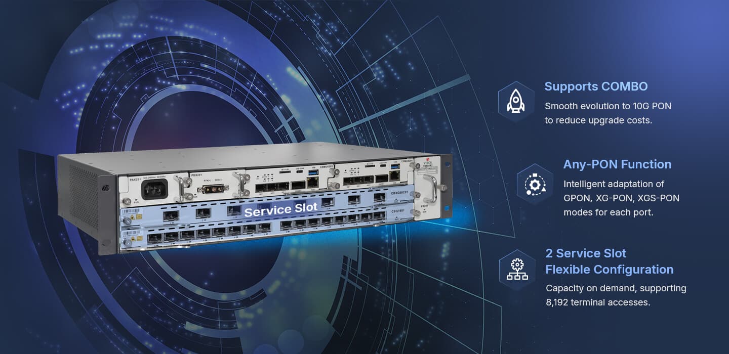 V5600X2 — Chasis combinado GPON/XGS-PON de 2 ranuras OLT, vista 7