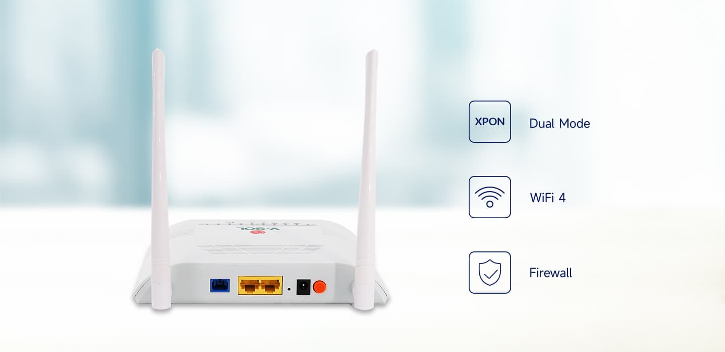 V2802GW — 1GE(WAN/LAN1)+1FE(LAN) Wi-Fi 4 ONU, vista 5
