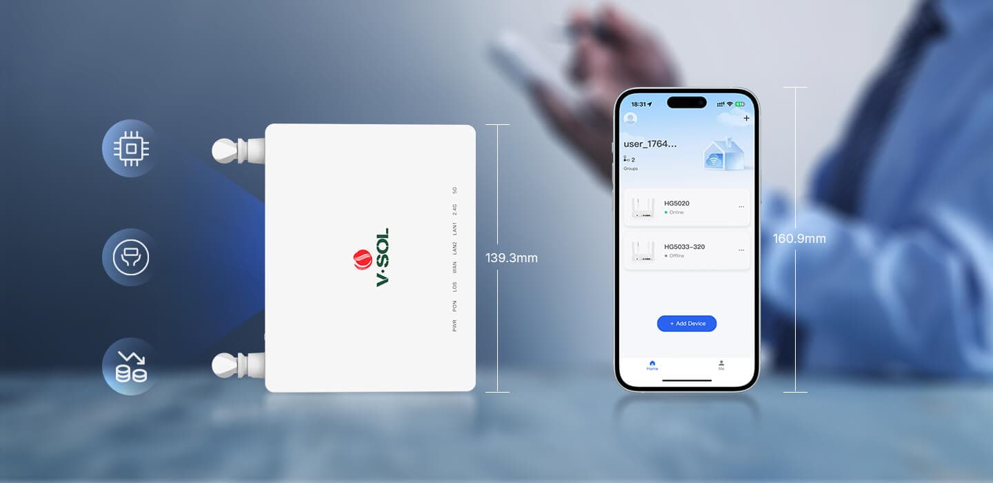 V2802AC-H — 1XPON+2GE+Wi-Fi 5 ONT, vista 8