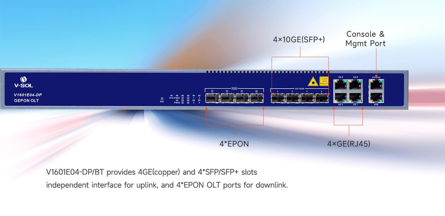V1601E04-DP/BT — 4 Port EPON OLT, vista 5