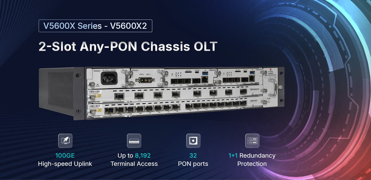 V5600X2 — Chasis combinado GPON/XGS-PON de 2 ranuras OLT, vista 5