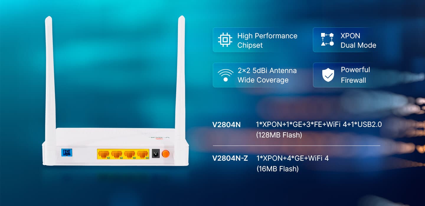 V2804N — 1GE(WAN/LAN1)+3FE(LAN)+Wi-Fi 4+USB ONU, vista 3