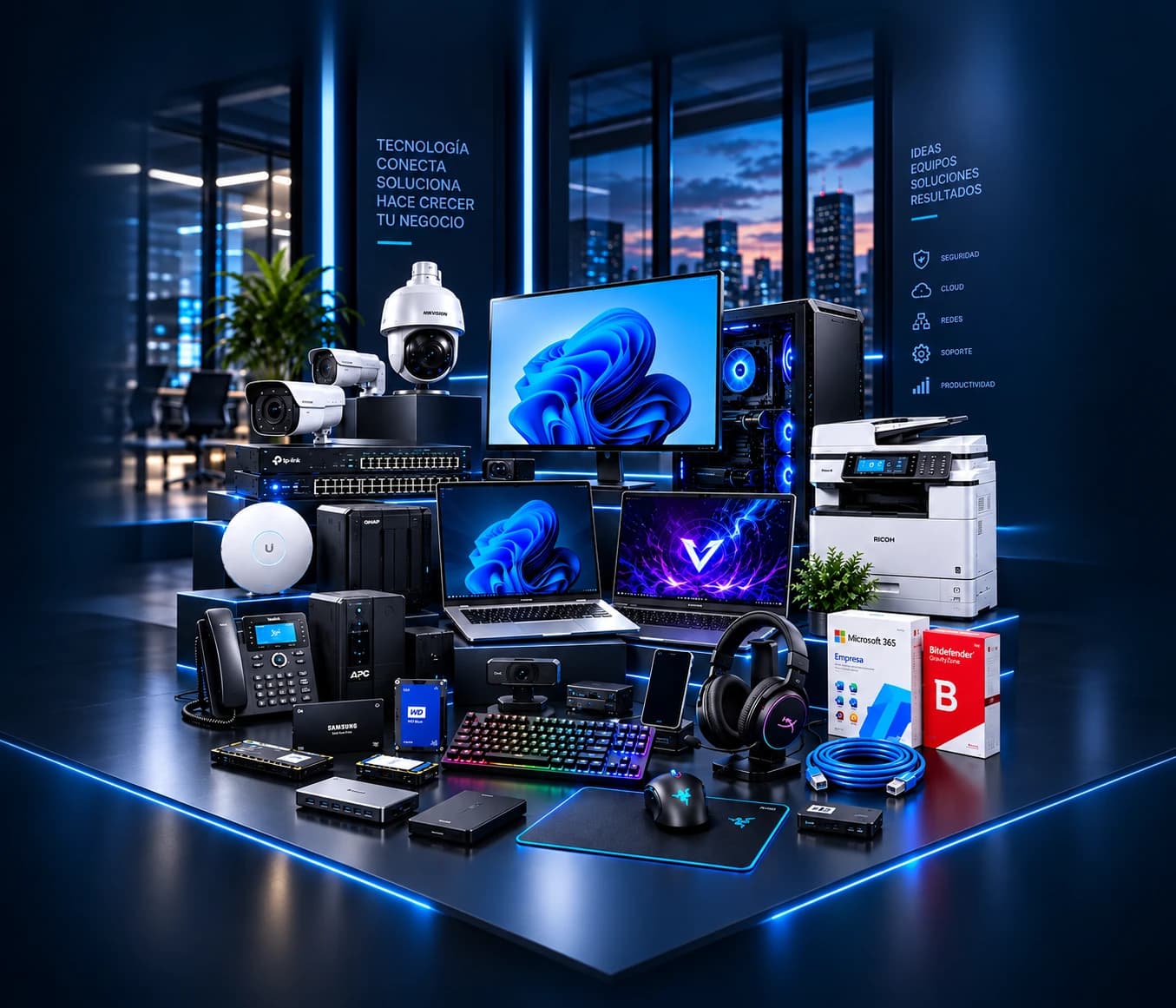 Equipos de Black Shield: computadoras, laptops, monitor, cámaras de seguridad, switches, telefonía IP, impresora, almacenamiento y accesorios.