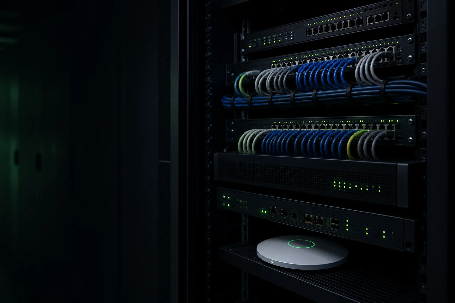 Rack empresarial con switches y cableado estructurado ordenado
