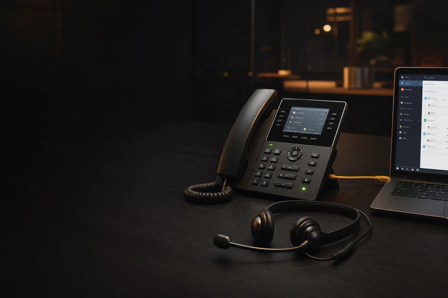 Teléfono IP empresarial y headset conectados a una plataforma de llamadas