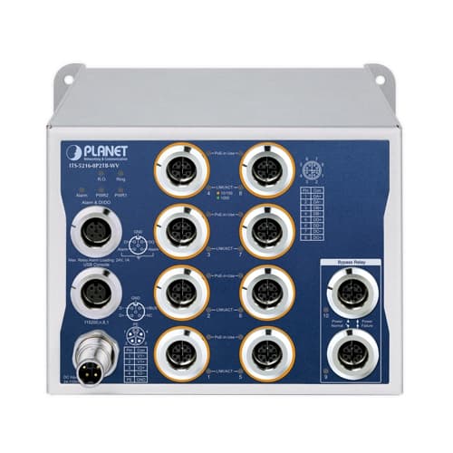 ITS-5216-8P2TB-WV — Industrial L2+ 8-Port 10/100/1000T 802.3at PoE M12 + 2-Port 10/100/1000T M12 Bypass Managed Ethernet Switch, vista 2