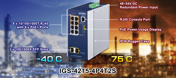 IGS-4215-4P4T2S — Industrial 4-Port 10/100/1000T 802.3at PoE + 4-Port 10/100/1000T + 2-Port 100/1000X SFP Managed Switch, vista 4