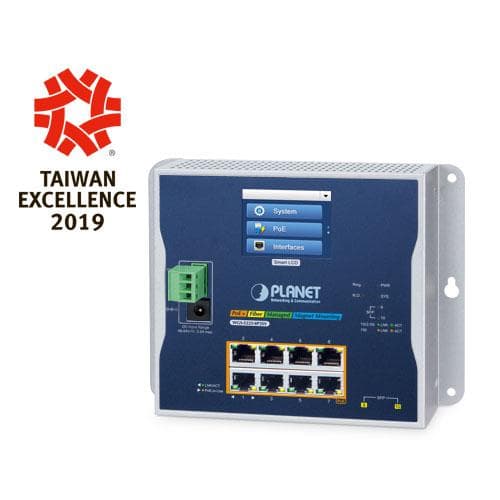 WGS-5225-8P2SV — Industrial L2+ 8-port 10/100/1000T 802.3at PoE + 2-port 1G/2.5G SFP Wall-mount Managed Switch with LCD Touch Screen, vista 5