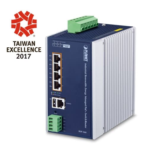 BSP-360 — Industrial Renewable Power 5-Port Gigabit Managed Switch/Router with 4-Port 802.3at PoE+
