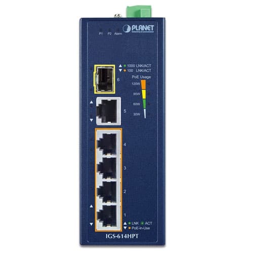 IGS-614HPT — Industrial 4-Port 10/100/1000T 802.3at PoE + 1-Port 10/100/1000T + 1-Port 100/1000X SFP Gigabit Ethernet Switch, vista 2