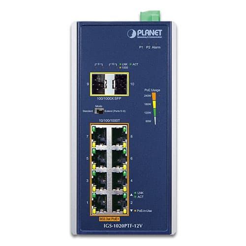 IGS-1020PTF-12V — Industrial 8-Port 10/100/1000T 802.3at PoE + 2-Port 100/1000X SFP Ethernet Switch w/ 12V Booster, vista 2