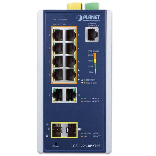 IGS-5225-8P2T2S — Industrial L2+ 8-Port 10/100/1000T 802.3at PoE + 2-Port 10/100/1000T + 2-Port 1G/2.5G SFP Managed Ethernet Switch, vista 2