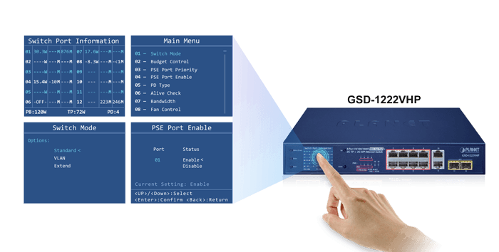 GSD-1222VHP — 8-Port 10/100/1000T 802.3at PoE + 2-Port 10/100/1000T + 2-Port 1000X SFP Ethernet Switch with PoE LCD Monitor, vista 6