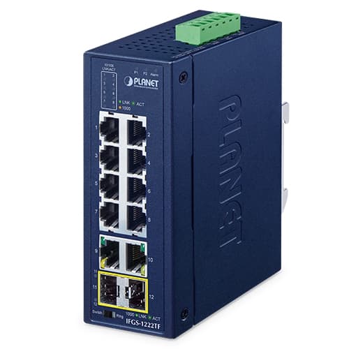 IFGS-1222TF — Industrial 8-Port 10/100TX + 2-Port 10/100/1000T + 2-Port 1000X SFP Ring Ethernet Switch