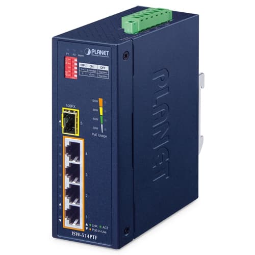 ISW-514PTF — Industrial 4-Port 10/100TX 802.3at PoE+ plus 1-Port 100FX Ethernet Switch