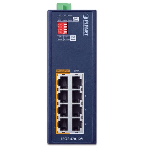 IPOE-470-12V — Industrial 4-port Multi-Gigabit 802.3bt PoE++ Injector Hub w/ 12V Booster, vista 2