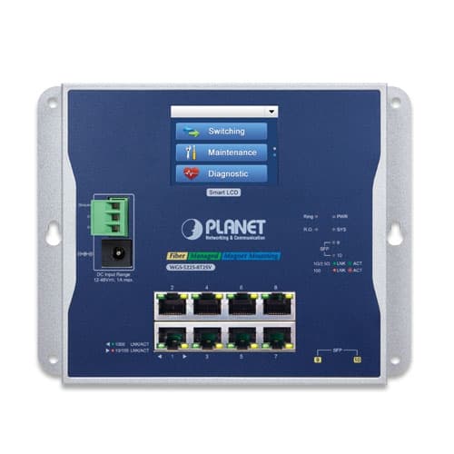 WGS-5225-8T2SV — Industrial L2+ 8-port 10/100/1000T + 2-port 1G/2.5G SFP Wall-mount Managed Switch with LCD Touch Screen, vista 2