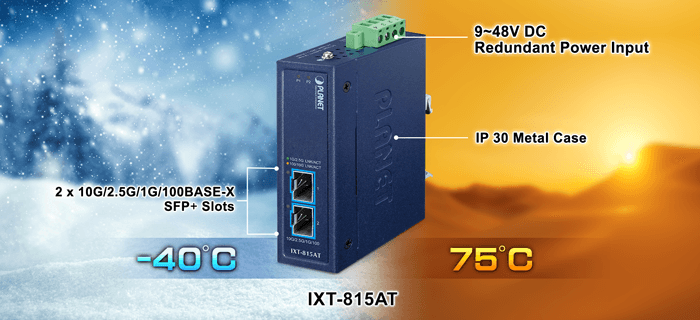 IXT-815AT — Compact Industrial 2-Port 10G/2.5G/1G/100BASE-X SFP+ Media Converter, vista 5