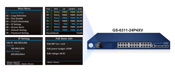 GS-6311-24P4XV — L3 24-Port 10/100/1000T 802.3at PoE + 4-Port 10G SFP+ Managed Ethernet Switch with Smart LCD Screen, vista 6