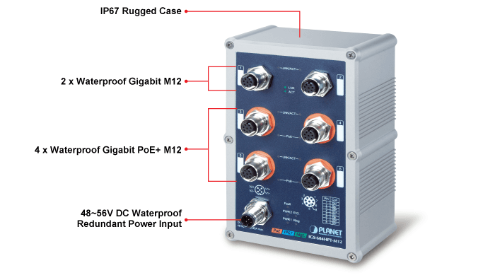 IGS-604HPT-M12 — Industrial IP67 Rated 4-Port 10/100/1000T 802.3at PoE + 2-Port 10/100/1000T Managed Ethernet Switch, vista 3