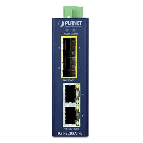 IGT-2205AT-E — Industrial Compact 2-Port 10/100/1000BASE-T to 2-Port 100/1000BASE-X SFP Media Converter, vista 2