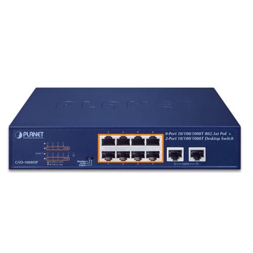 GSD-1008HP — 8-Port 10/100/1000T 802.3at PoE + 2-Port 10/100/1000T Desktop Switch (120 watts), vista 2