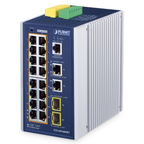 IGS-20160HPT — Industrial L3 16-Port 10/100/1000T 802.3at PoE + 2-Port 10/100/1000T + 2-Port 1G/2.5G SFP Managed Ethernet Switch