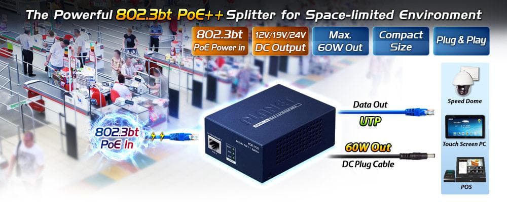 POE-173S — Single-Port 10/100/1000Mbps 802.3bt PoE++ Splitter, vista 4