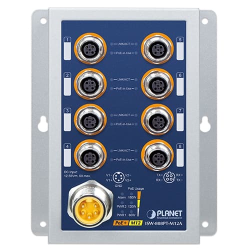 ISW-808PT-M12A — Industrial 8-Port 10/100TX M12 802.3at PoE+ Switch, vista 2