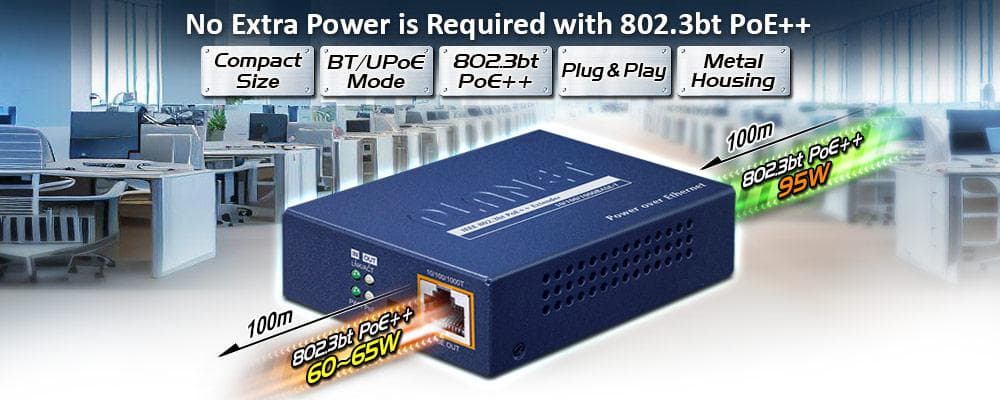 POE-E301 — 1-Port 802.3bt to 1-Port 802.3bt Gigabit PoE++ Extender, vista 4