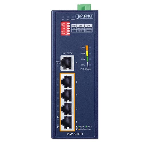 ISW-504PT — Industrial 5-Port 10/100TX Ethernet Switch with 4-Port 802.3at PoE+, vista 2