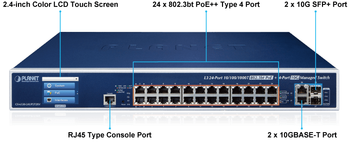 GS-6320-24UP2T2XV — L3 24-Port 10/100/1000T 802.3bt PoE + 2-Port 10GBASE-T + 2-Port 10G SFP+ Managed Switch with LCD Touch Screen and Redundant Power, vista 4