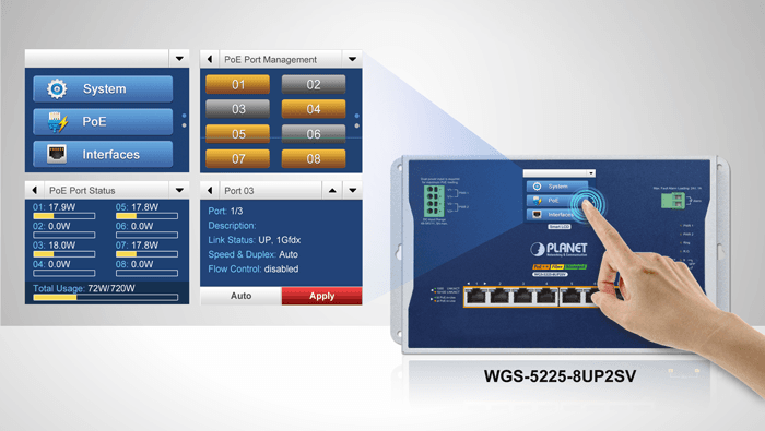 WGS-5225-8UP2SV — Industrial L2+ 8-Port 10/100/1000T 802.3bt PoE + 2-Port 1G/2.5G SFP Wall-mount Managed Switch with LCD Touch Screen, vista 7